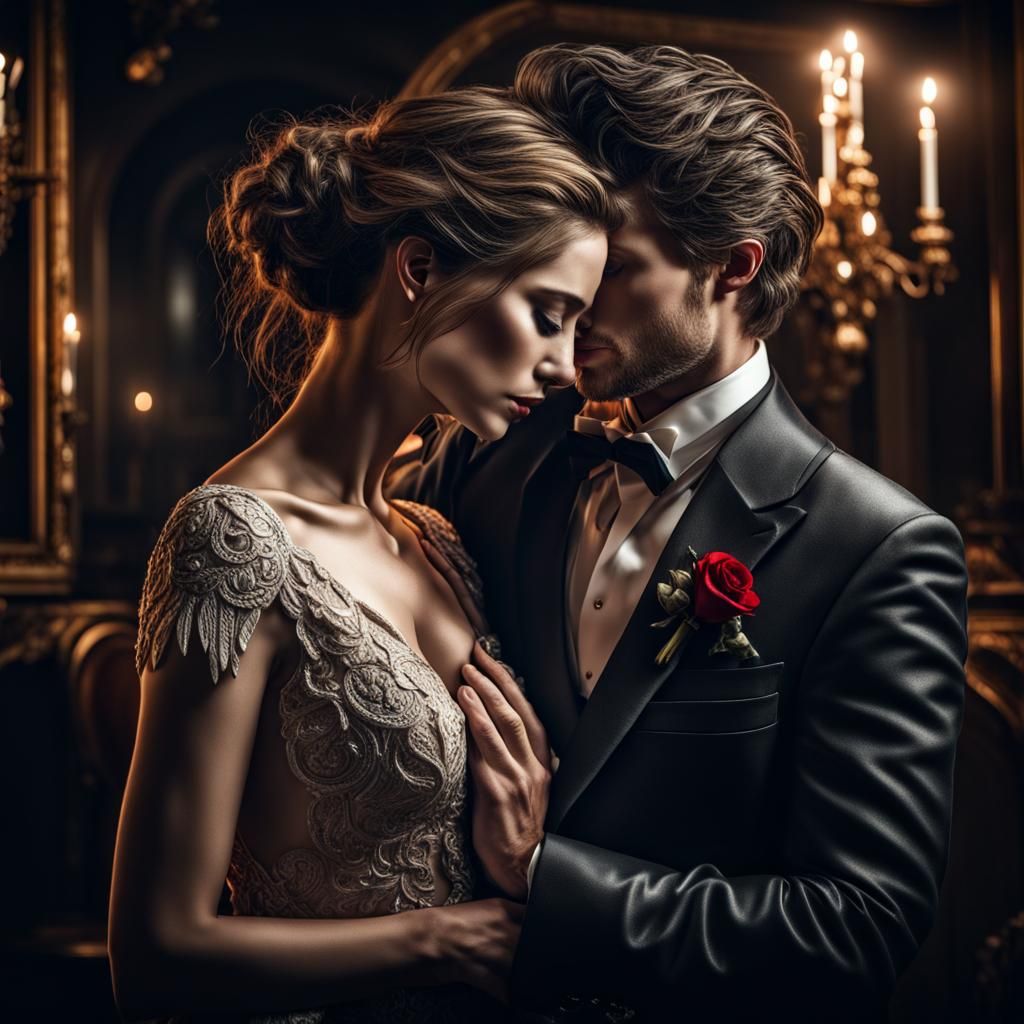 Lovers Embrace at Elegant Party: High Contrast