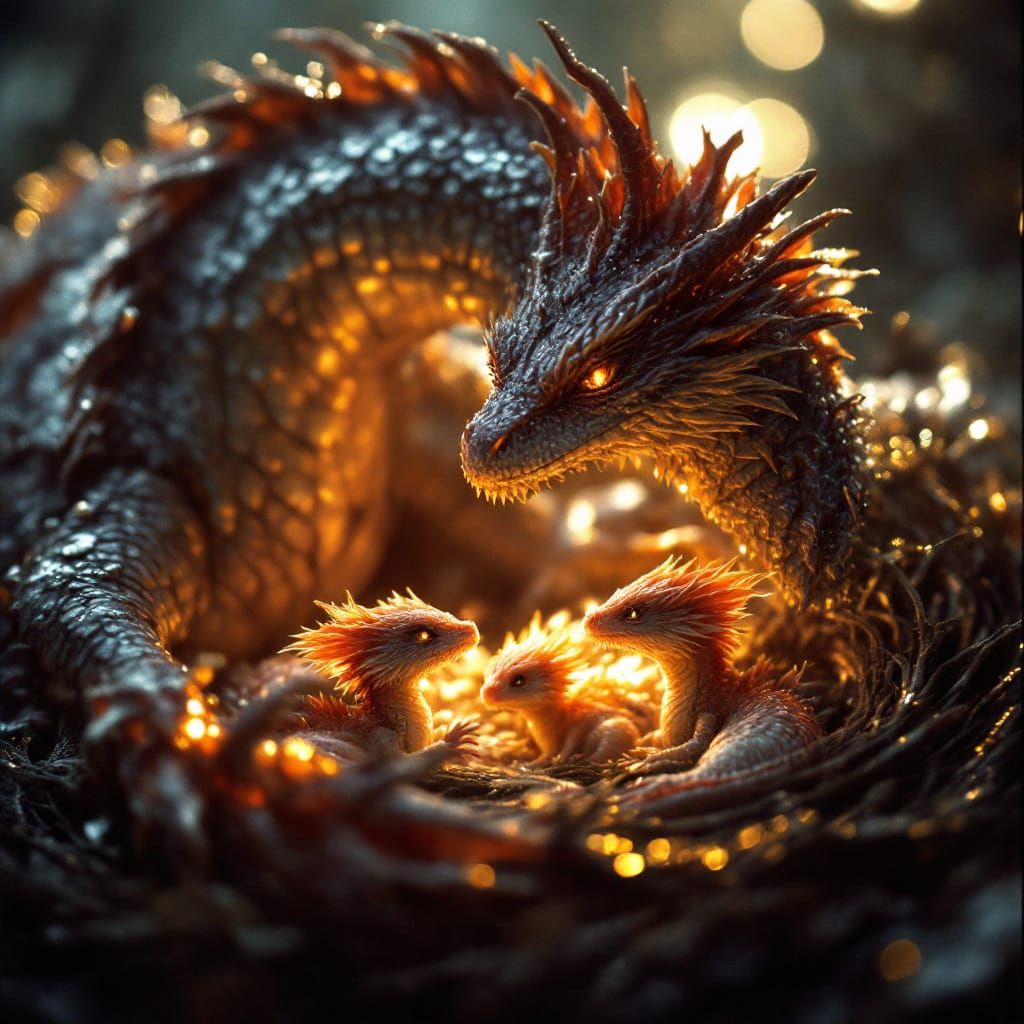Mother Frost Dragon and Fire Dragon Babies in Cinematic Glow
