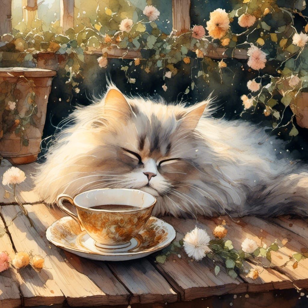 Persian Cat's Coffee Nap in Golden Light
