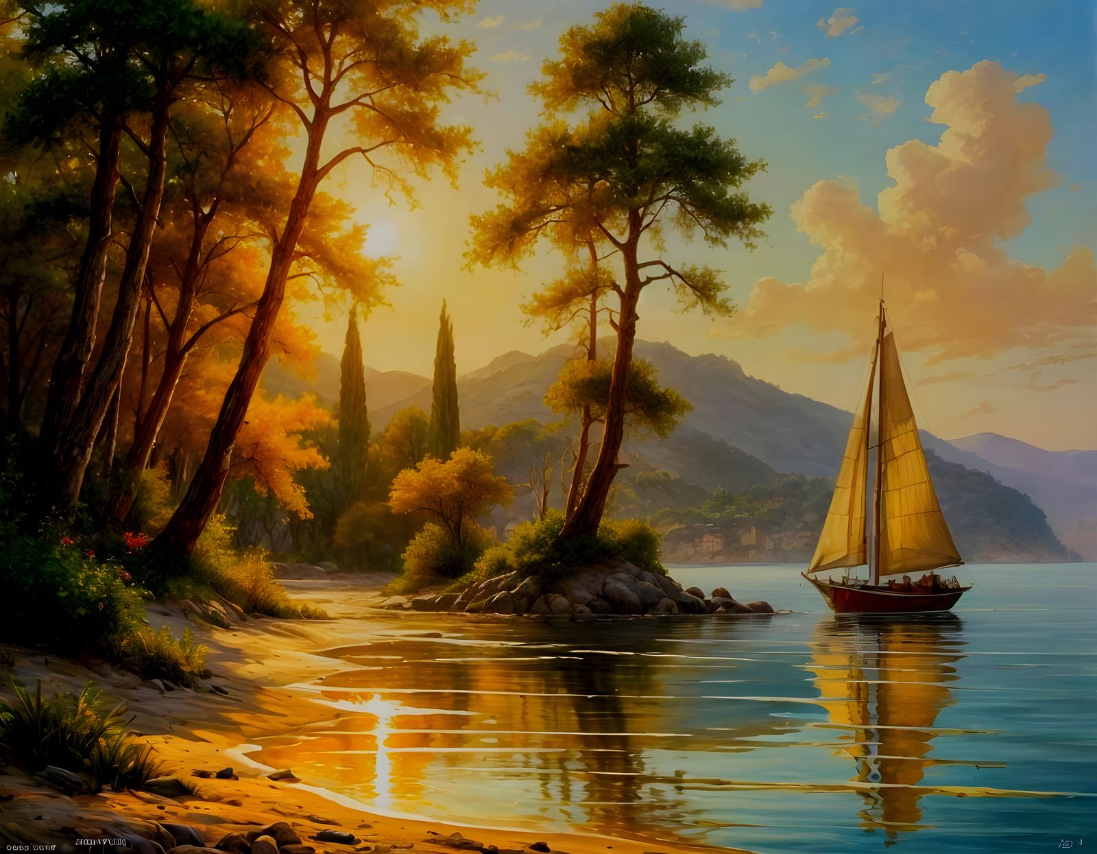 Serenely Lit Mediterranean Coast Scene with Sailing Boat and...