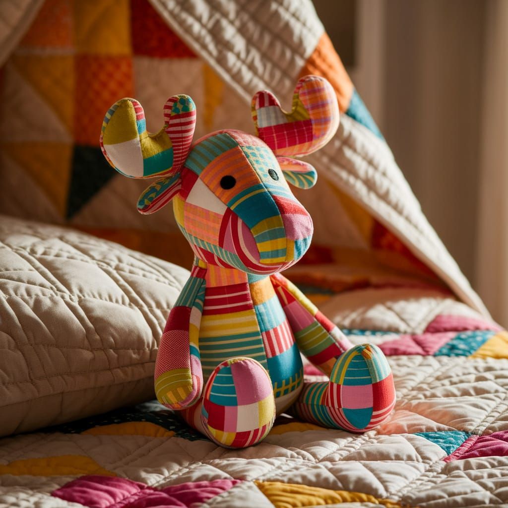 Colorful Patchwork Moose Toy on Quilted Bed