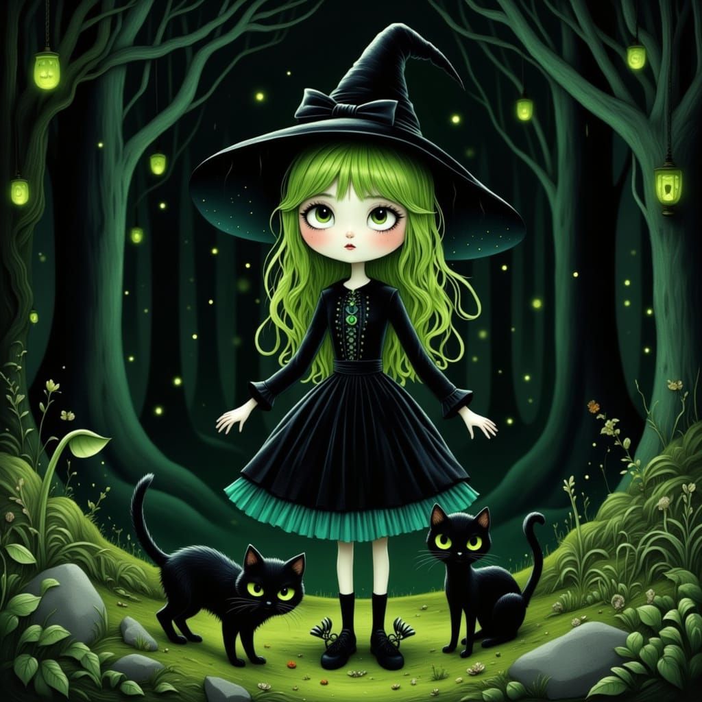 Cute Witch Girl and Black Cat in Dark Woodland Anime Style