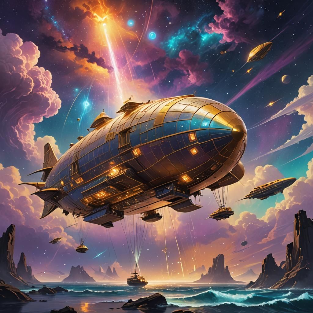 Cosmic Airship Navigating Nebulae: A Matte Painting