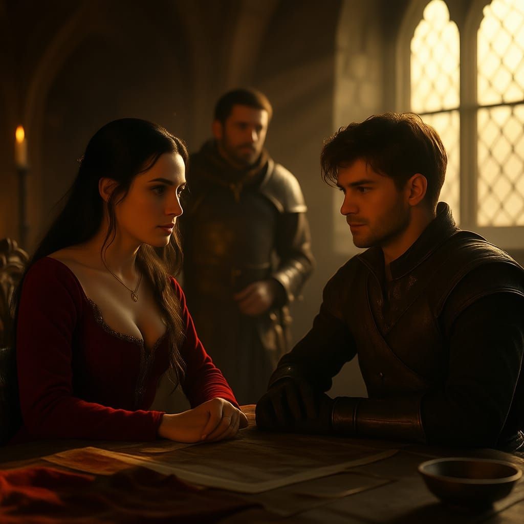 Cinematic Medieval Scene of Couple in Castle Chamber