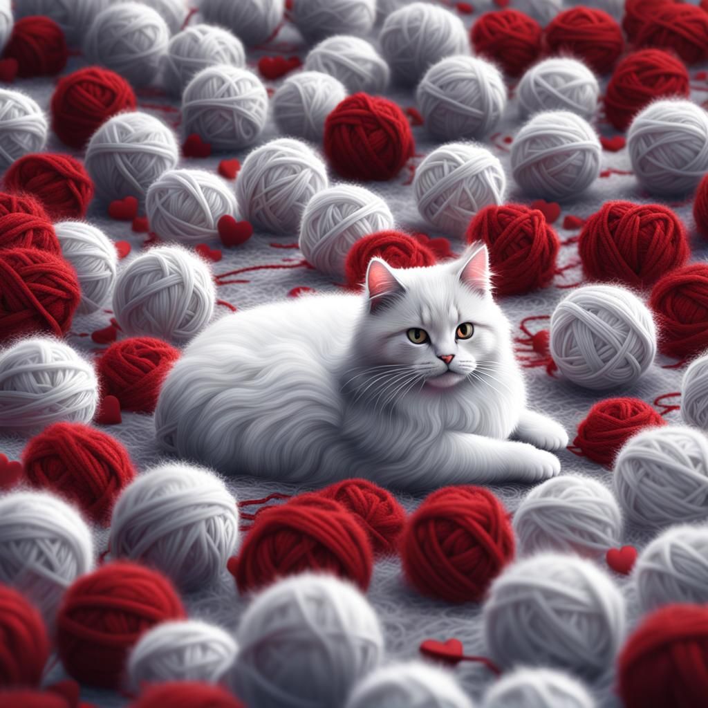 Fluffy White Cat with Yarn, Fantasy Concept Art