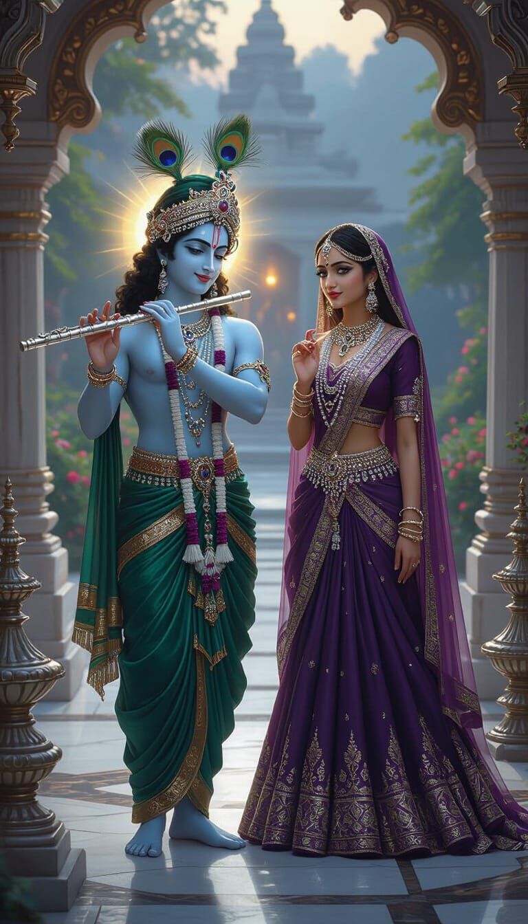 Radha and Krishna in Temple with Flute and Peacock Feather