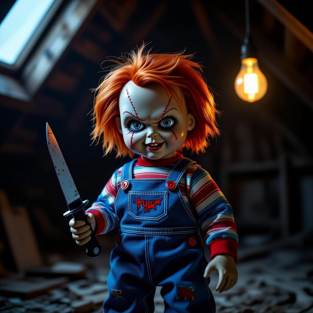 Creepy Chucky Doll Holding Knife in Dark Attic