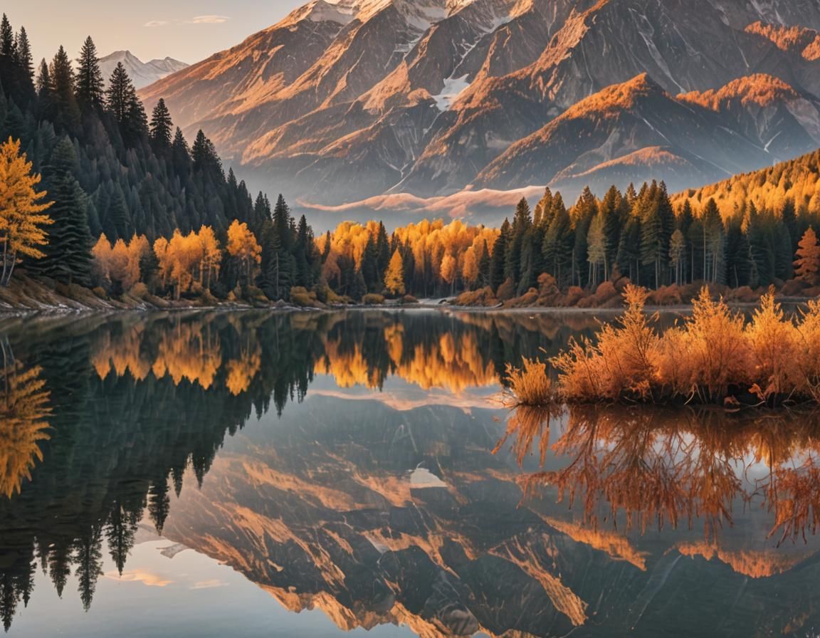 Snowy Mountain Sunrise Reflected in Autumn Lake