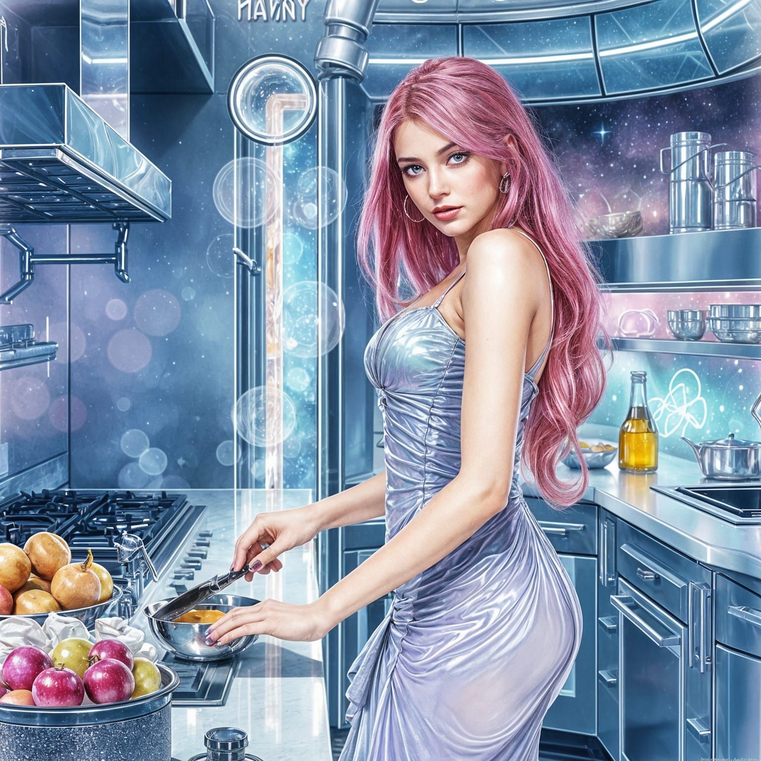 Celestial Witch in Futuristic Kitchen, Star Trek Elegance
