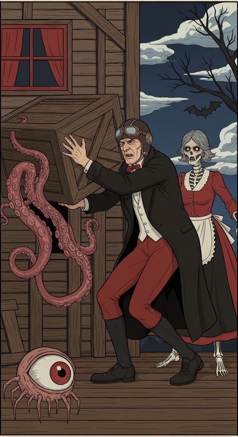 Surreal Vintage Comic Art: Man Pushes Octopus Crate