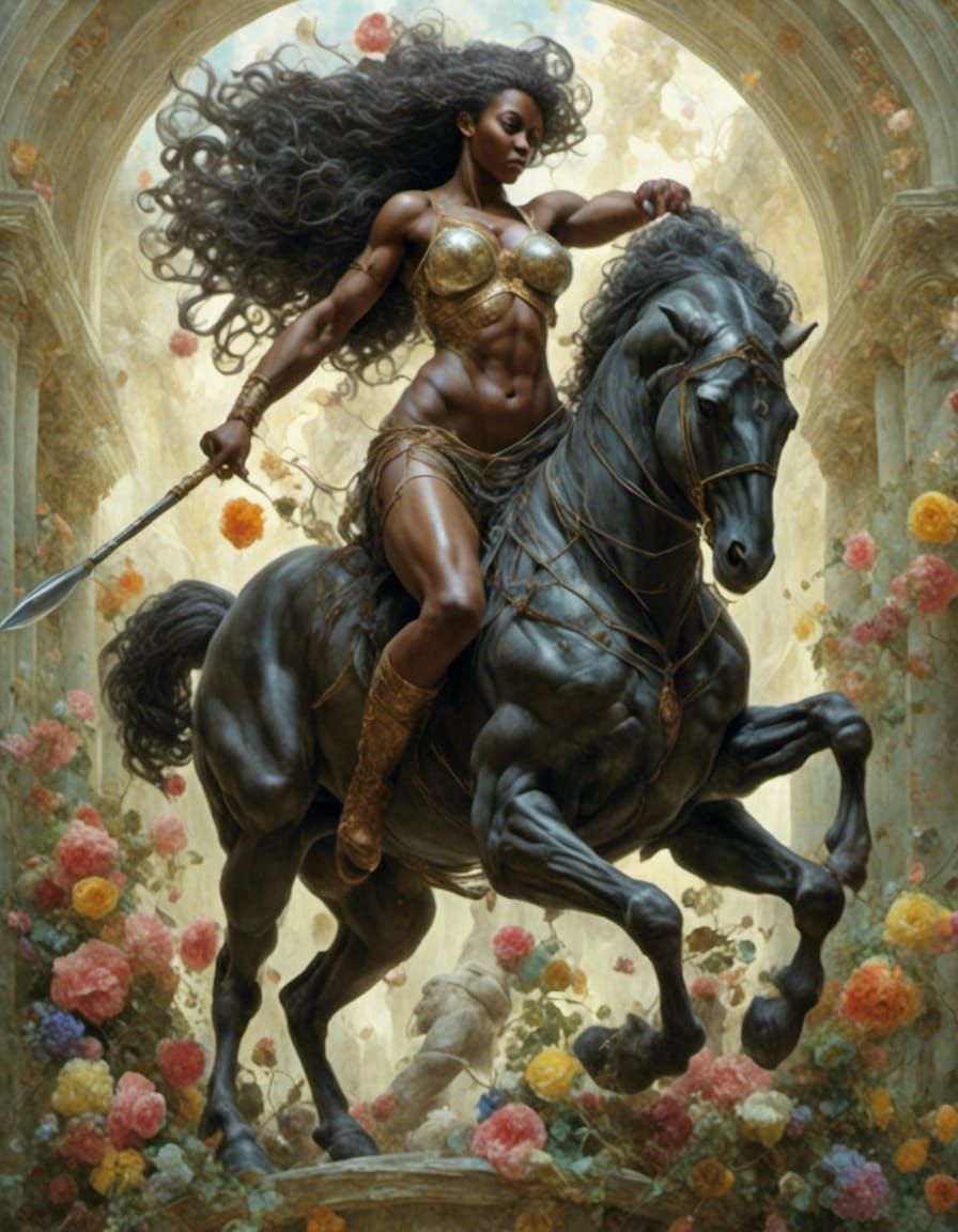 <lora:Ethereal:1.0> <lora:Centaur:1.0> Bald black woman cent...