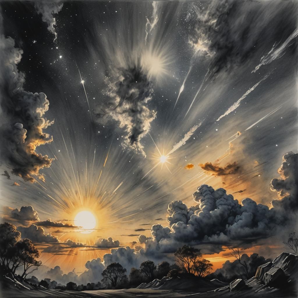Cosmic Sunlight: Hyperrealistic Charcoal and Watercolor