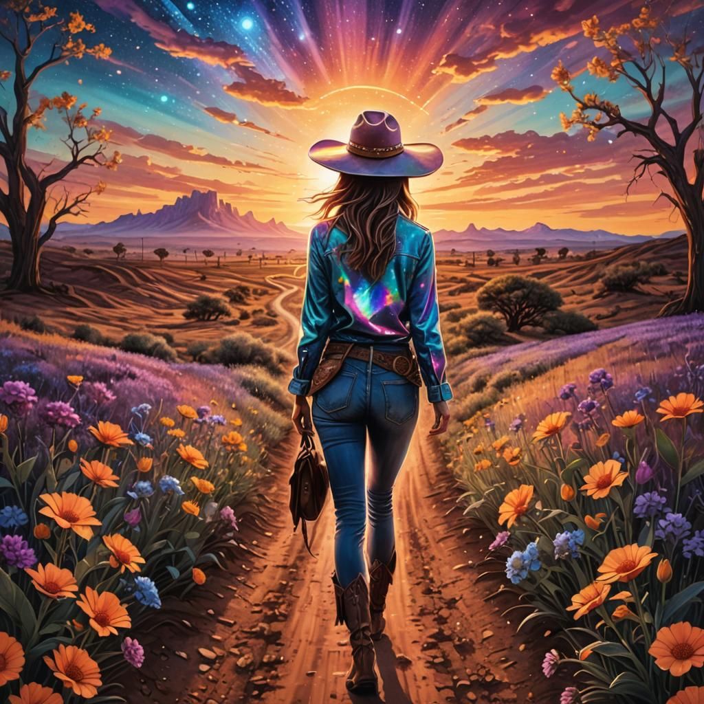 Woman on Floral Dirt Road at Sunset in Mixed Media