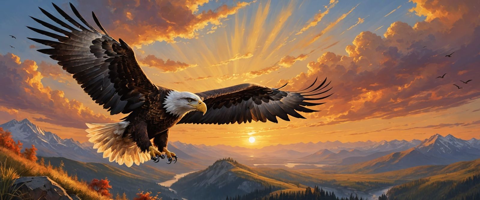 Majestic Eagle Soars in Golden Hour Sunset Oil Painting