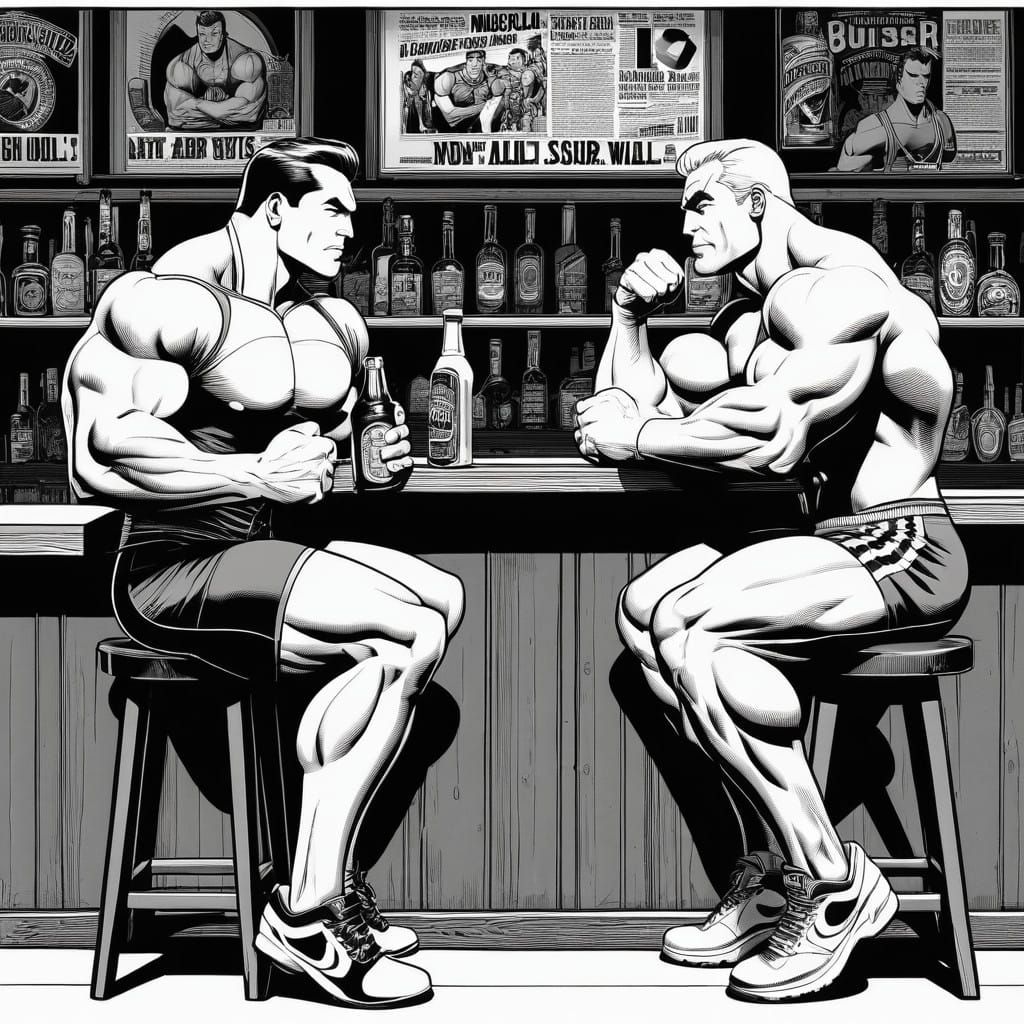 Muscular Bodybuilders Share a Laugh at the Bar in Comic Book...