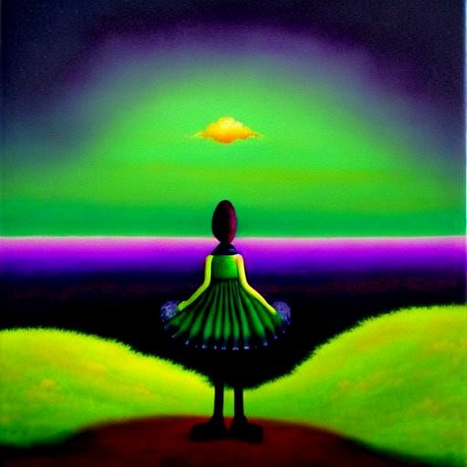 Surreal Child in Striped Stockings, Oil on Canvas