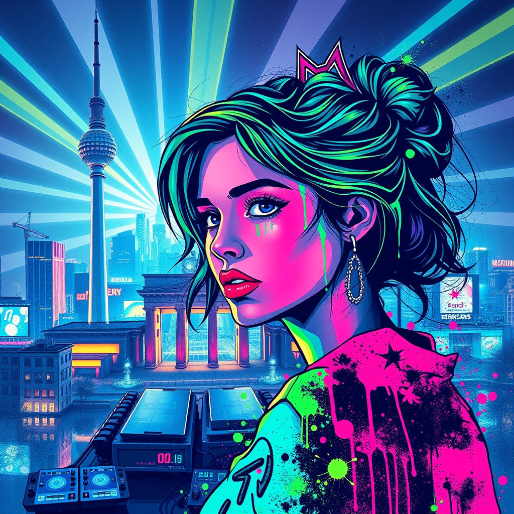 Berlin Party Flyer with Graffiti Portrait in LED Colors