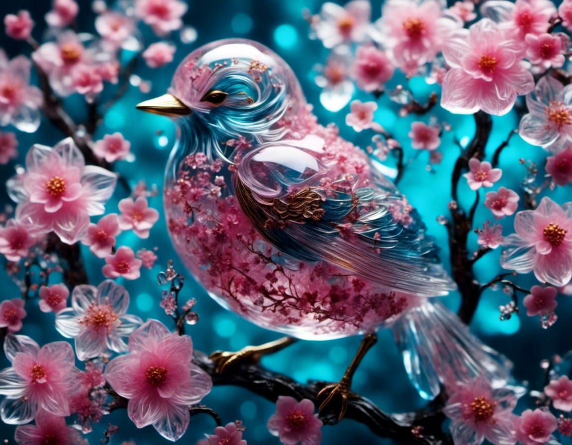 Cherry Blossom Bird with Crystal Glass Texture