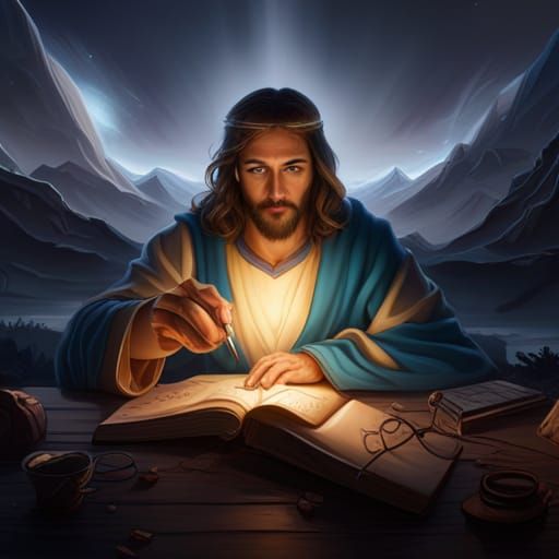 Jesus Christ Writes Commandments: Fantasy Concept Art