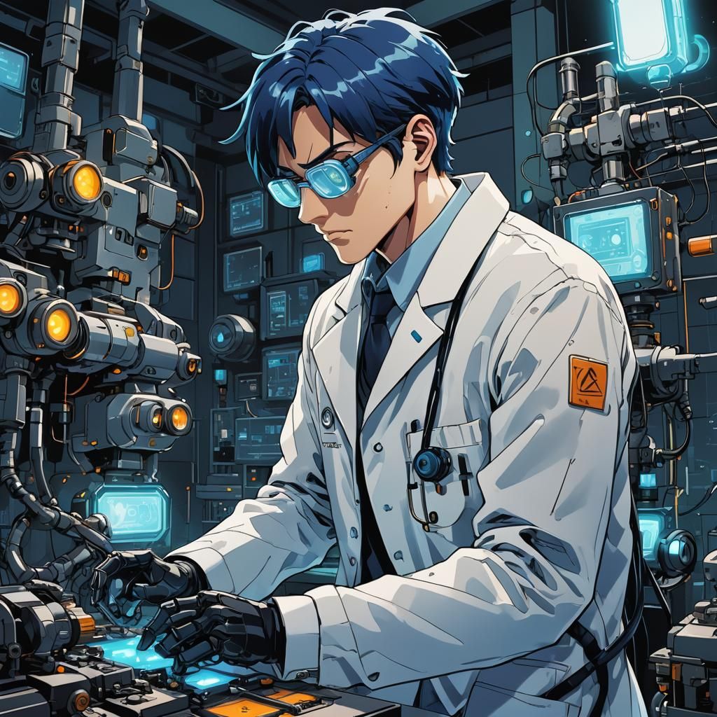 Anime Man Working on Robot with Glowing Circuits