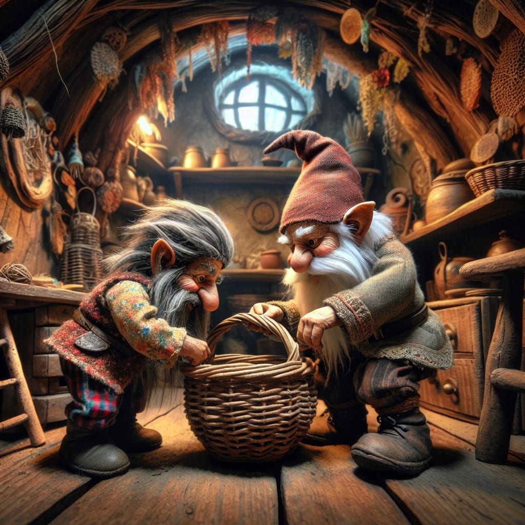 Gnomes Mending Basket in Their Quaint Home