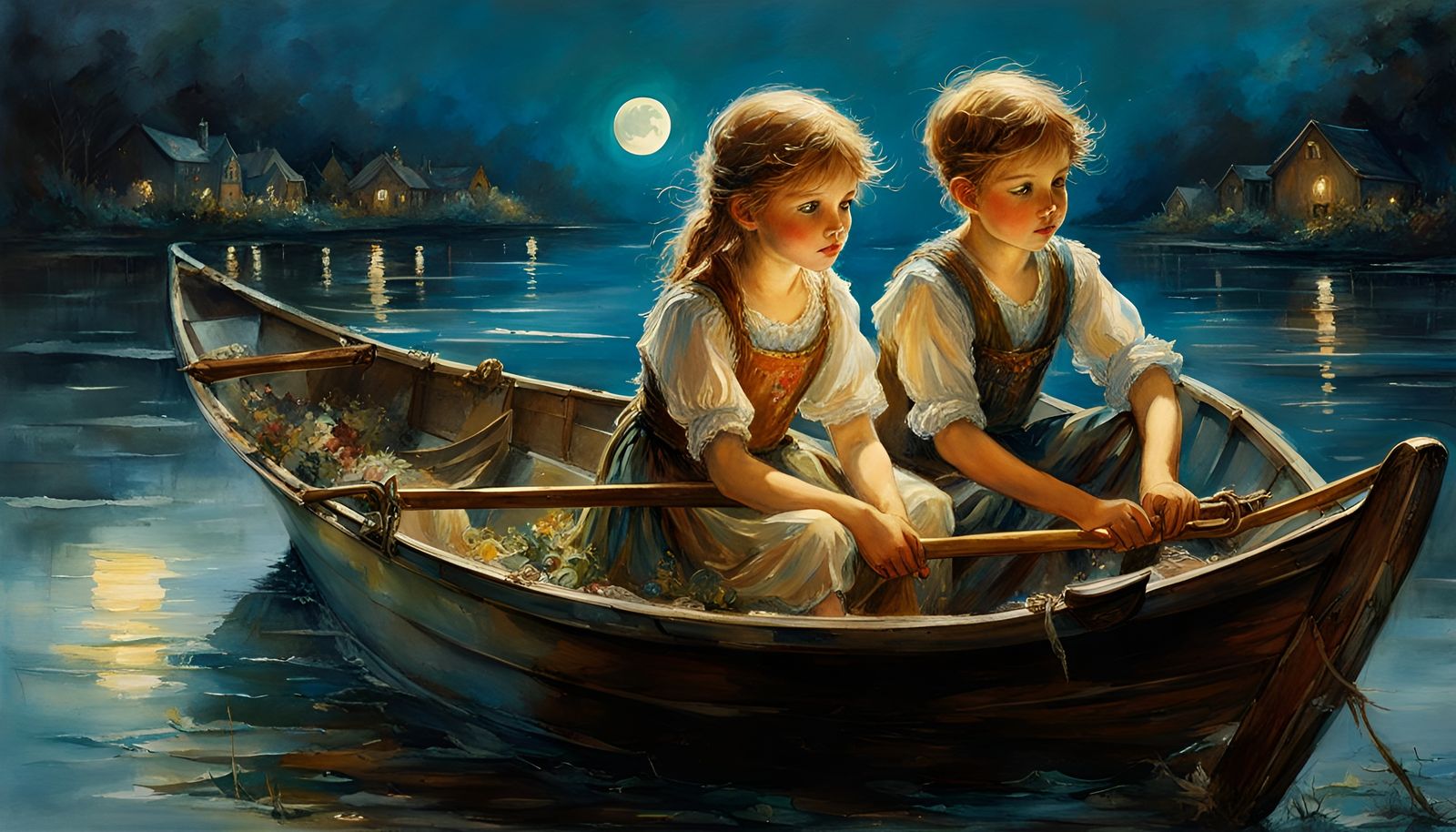 Moonlit Rowboat: A Folk Art Watercolor Painting
