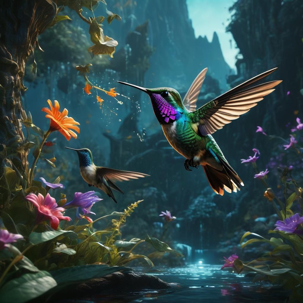 Fairy and Hummingbird in Detailed Matte Painting
