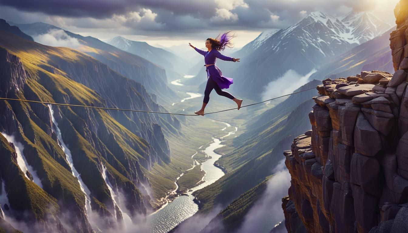 Woman Balances on Tightrope Above Valley at Golden Hour