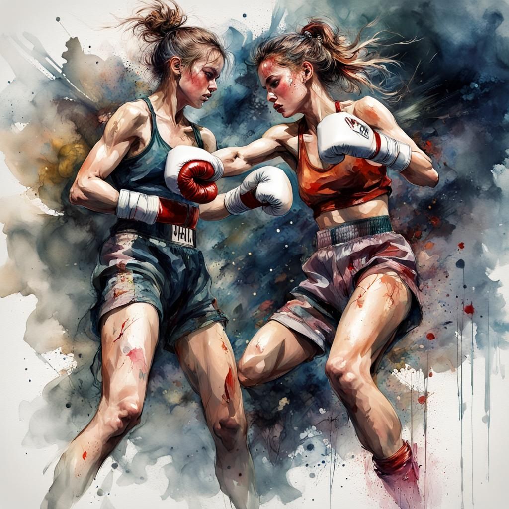 Female French boxing fighter performing a right knee strike ...