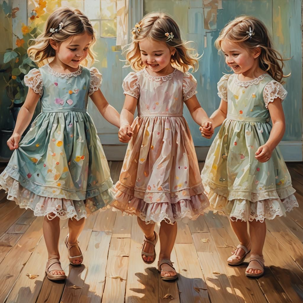 Whimsical Oil Painting of Three Little Girls