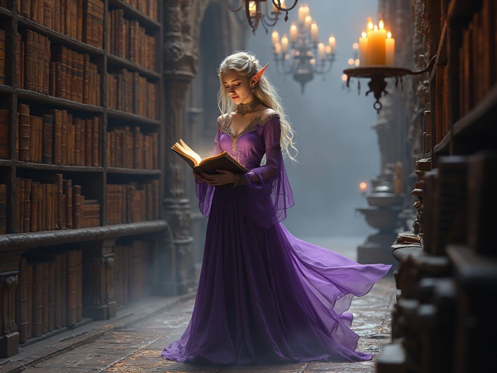 Elegant Elf in Mystical Library, Dark Fantasy Art