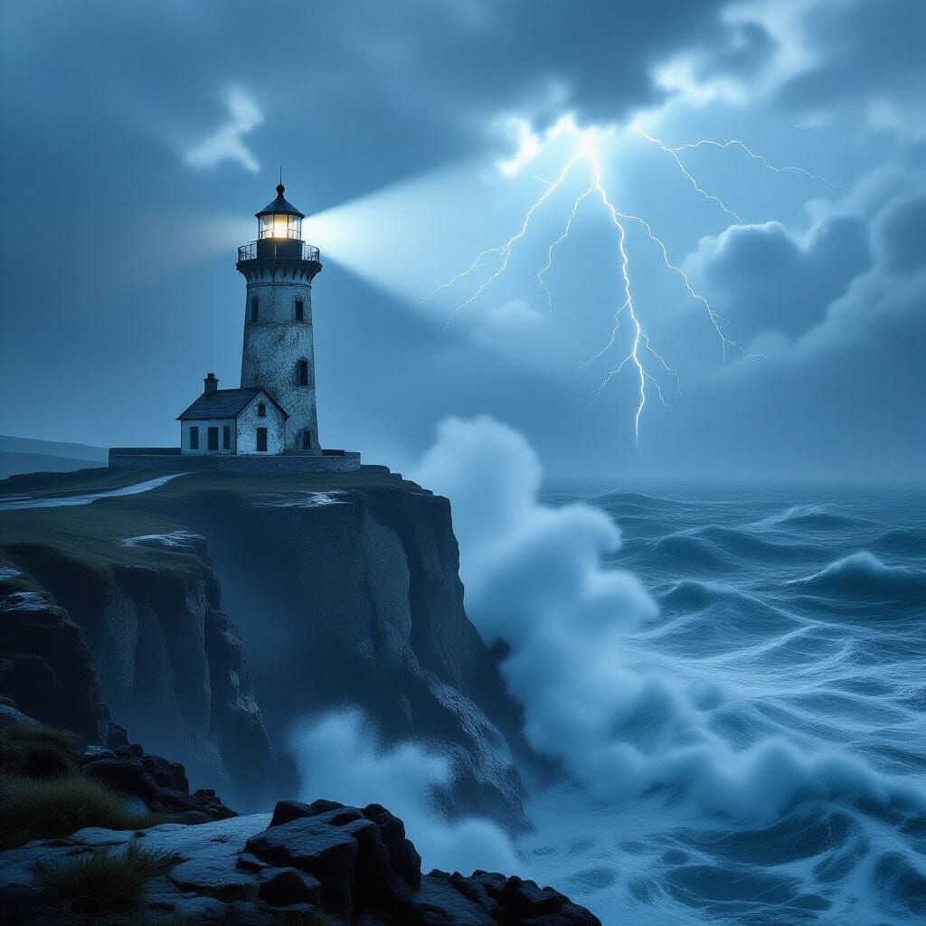 Lighthouse in Stormy Seas with Ethereal Fog