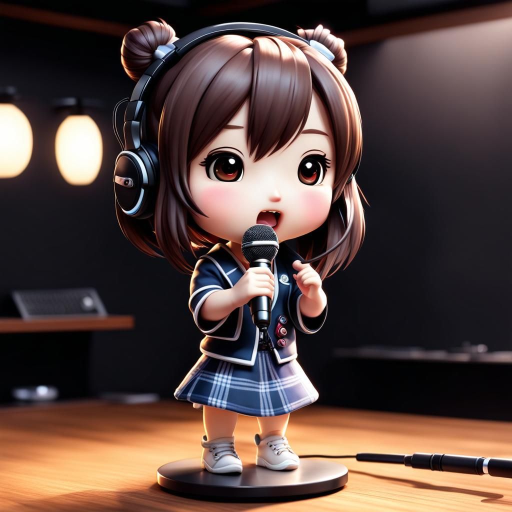 Hyper realistic Chibi Japanese  girl singing Karaoke