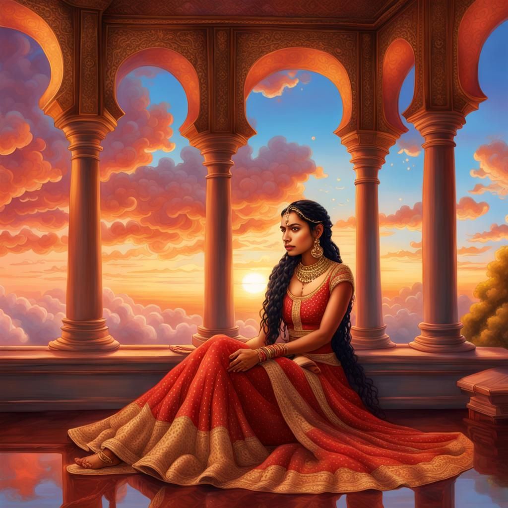 Indian Woman in Palace at Sunset, Astral Illustration