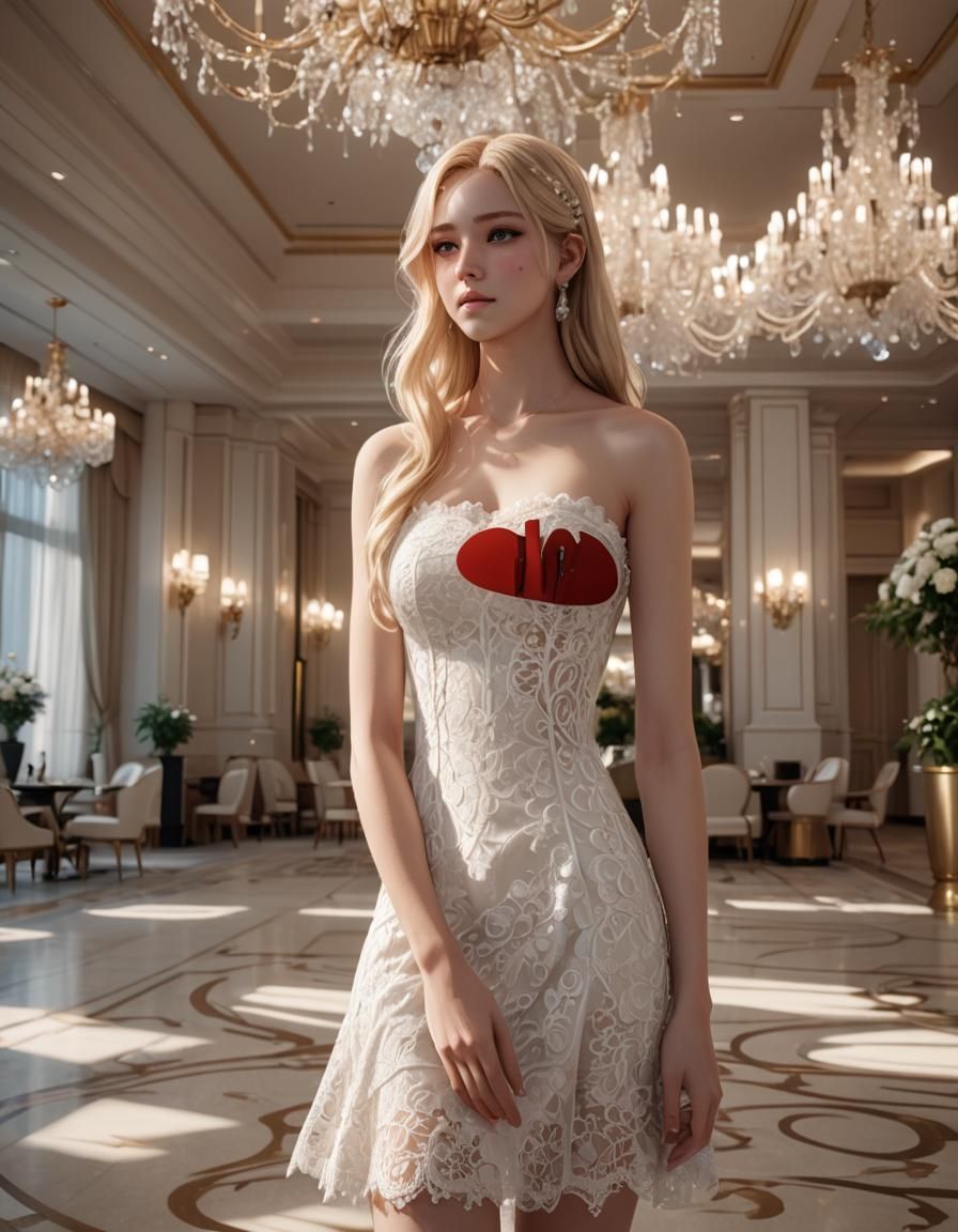 Anime Girl in White Dress at Hotel Ballroom