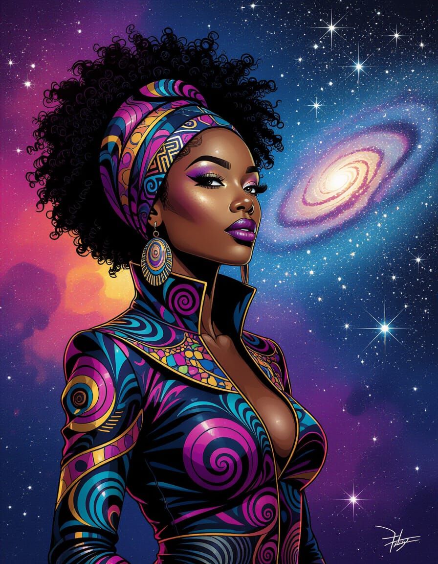 Afrofuturistic Woman in Galaxy Graffiti Splash Art