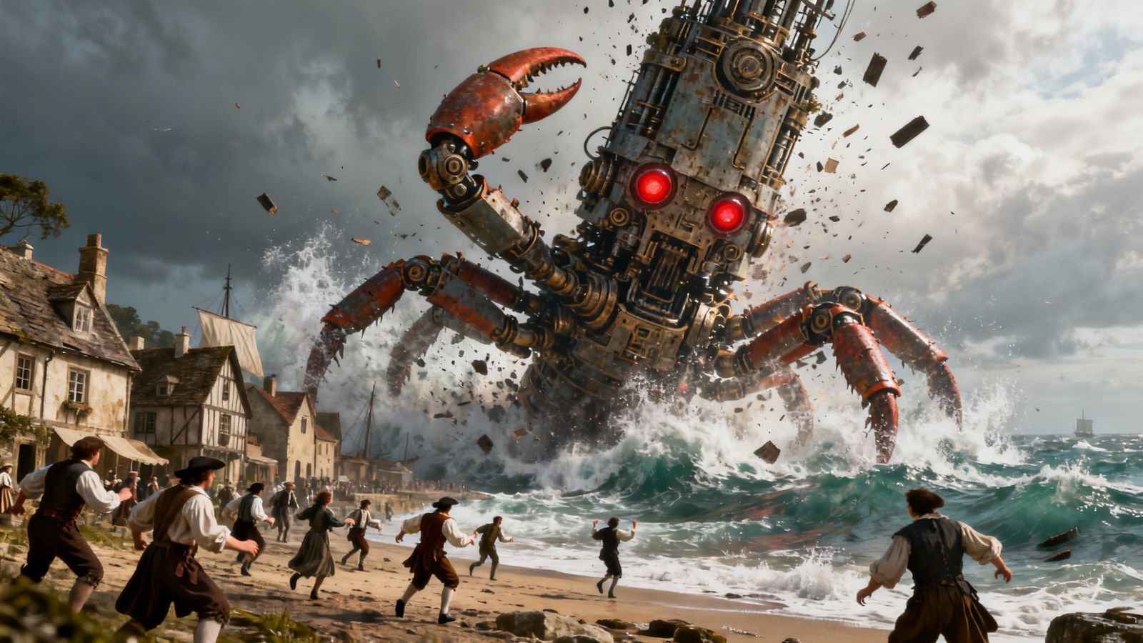 Giant Cyborg Crab Attacks Seaside Village in 3D