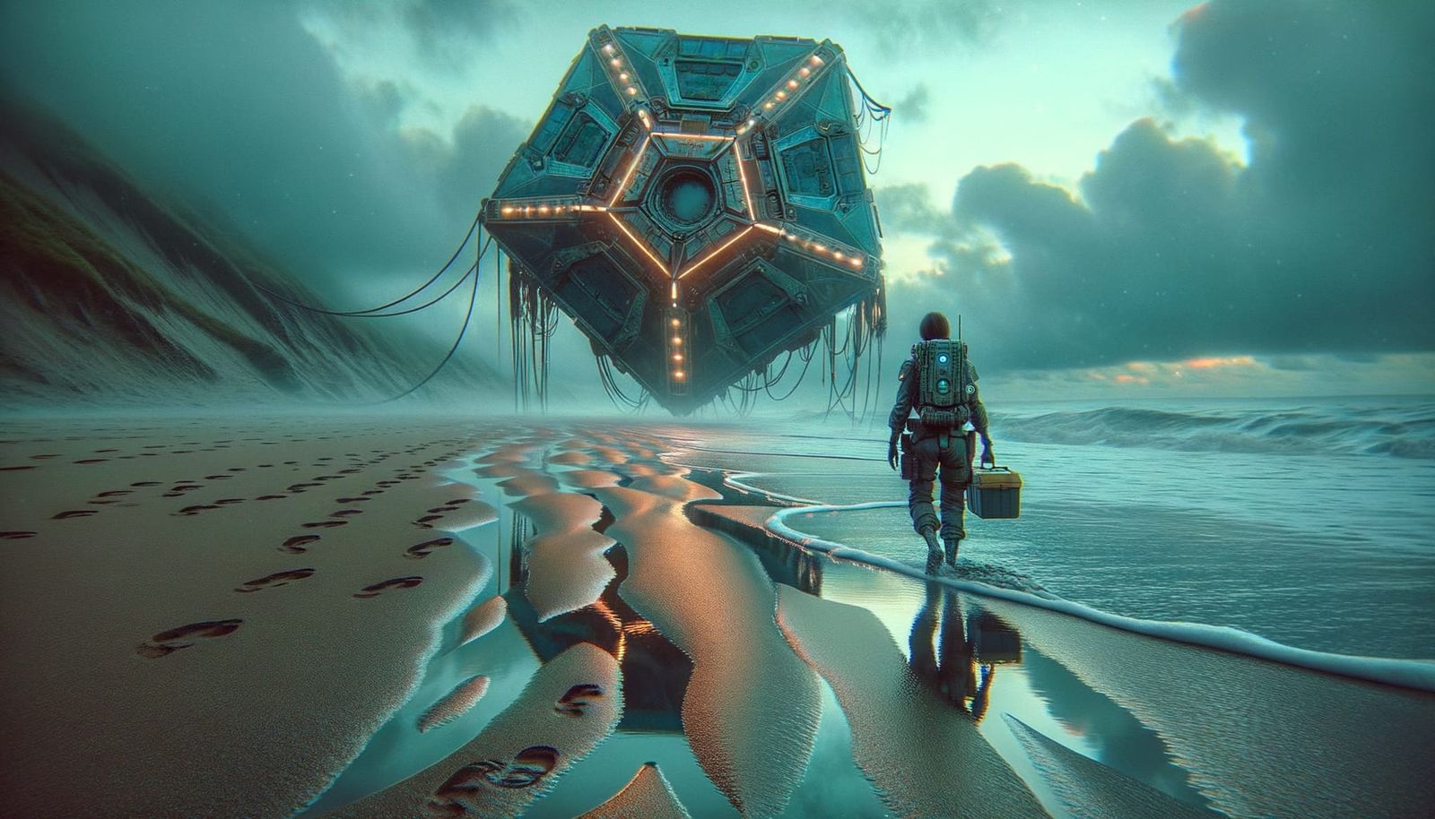 Crashed Hexagonal Spaceship on Beach at Dawn