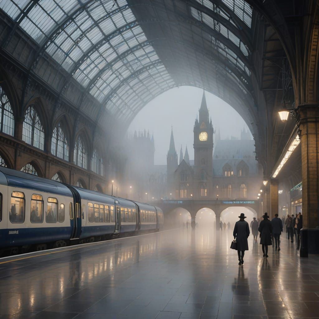 Romantic Watercolor of Kings Cross Station with Ethereal Mis...