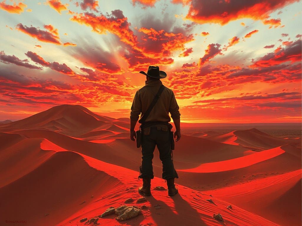 Fiery Sunset Over Desert Dunes in Bierstadt Style