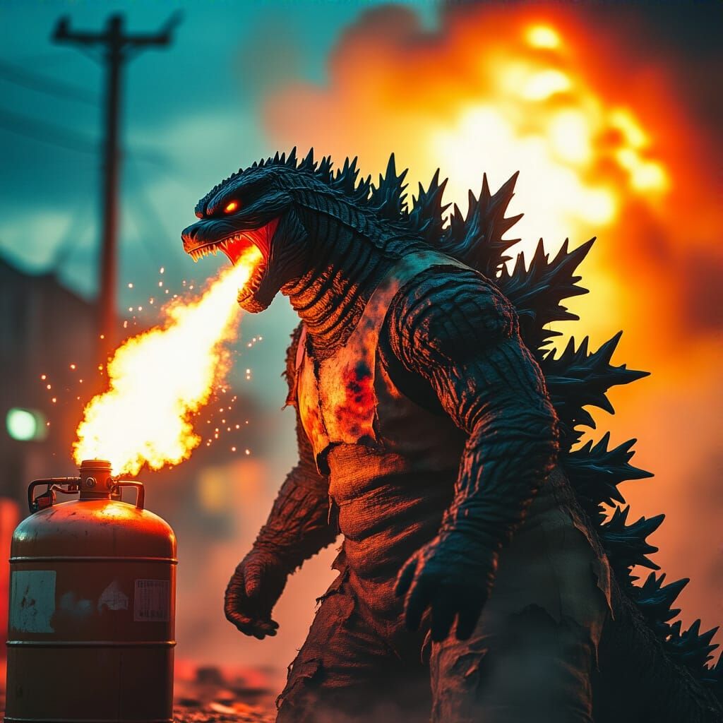Godzilla Ignites Propane Tank: Hyperrealistic Film Still