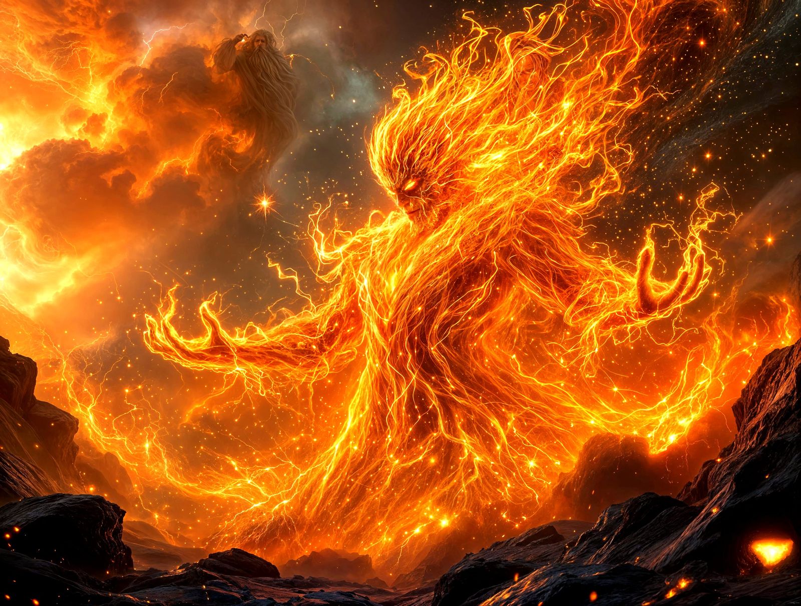 Majestic Fire Wizard Amidst Fiery Battlefield
