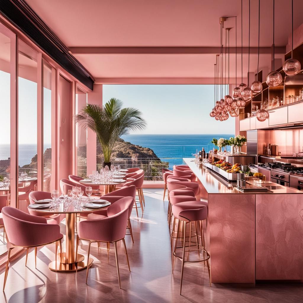 Modern Pink Restaurant with Rose Gold Furniture