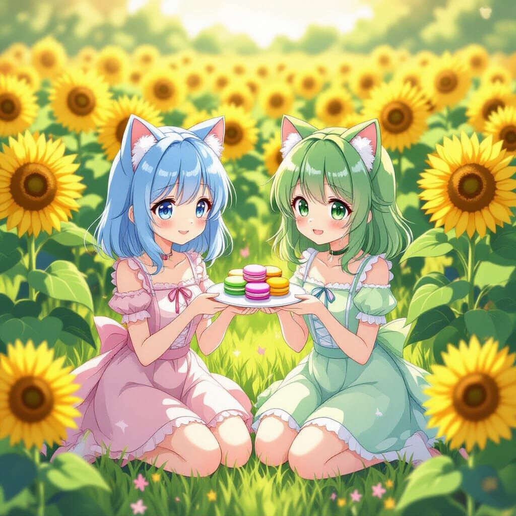 Anime Girls with Cat Ears in Ghibli Style