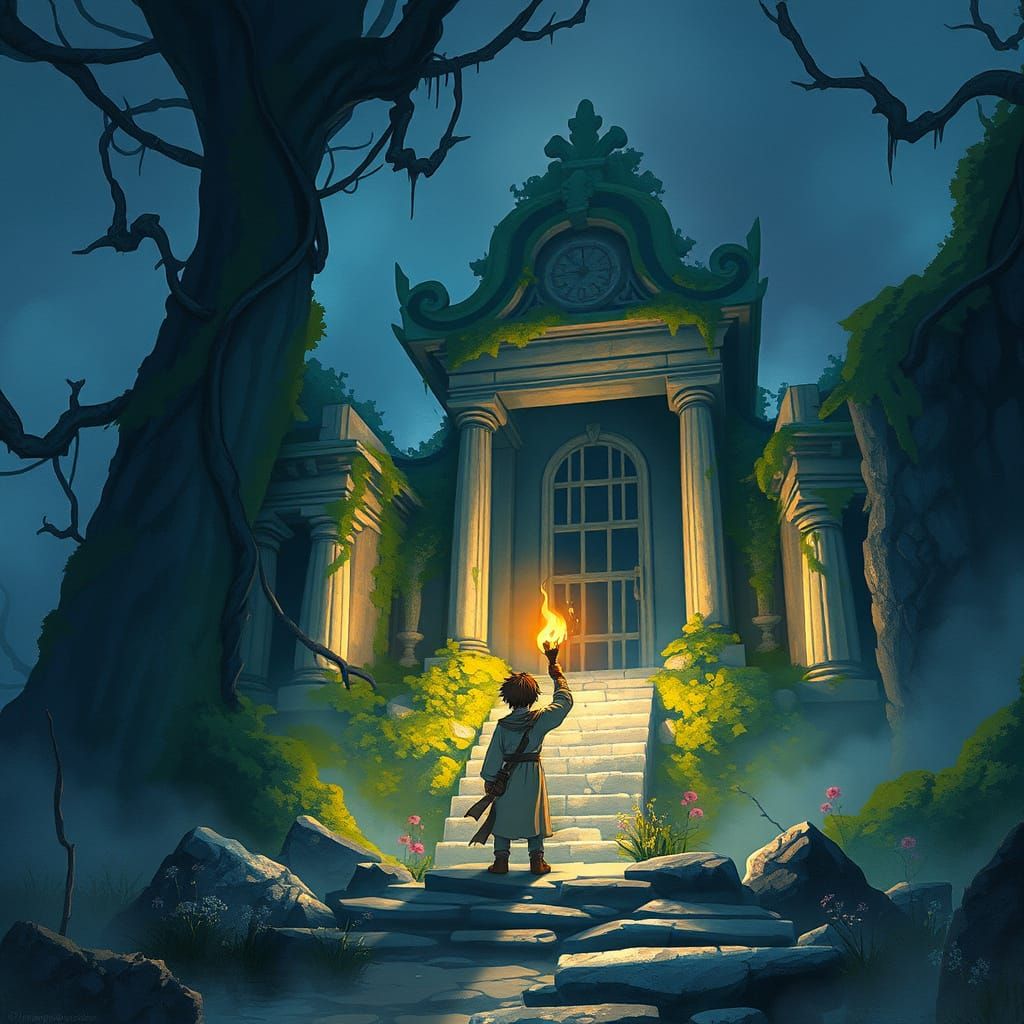 Traveler at Forgotten Temple in Watercolor Ghibli Style