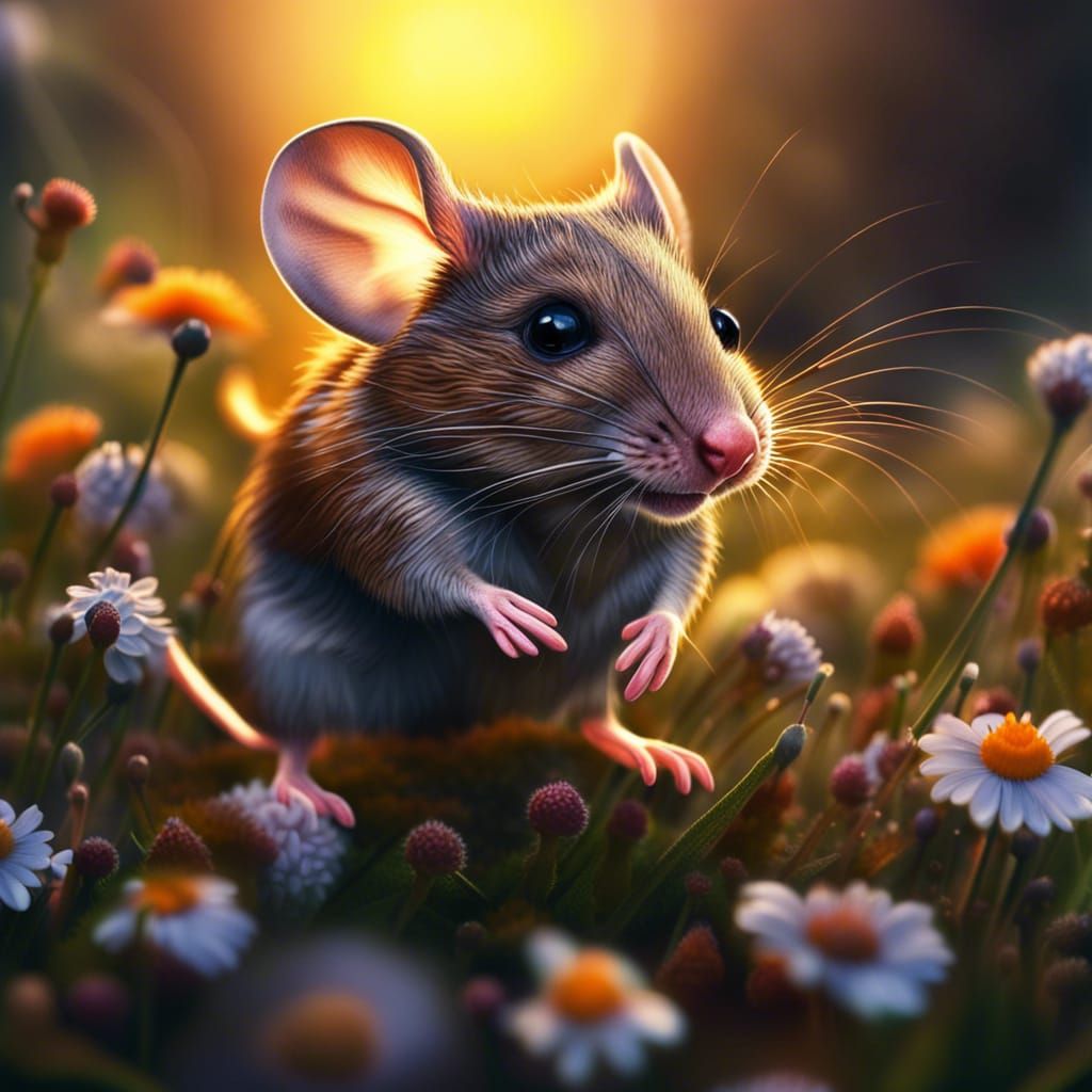 Cute Field Mouse in Sunrise Meadow: Photorealistic