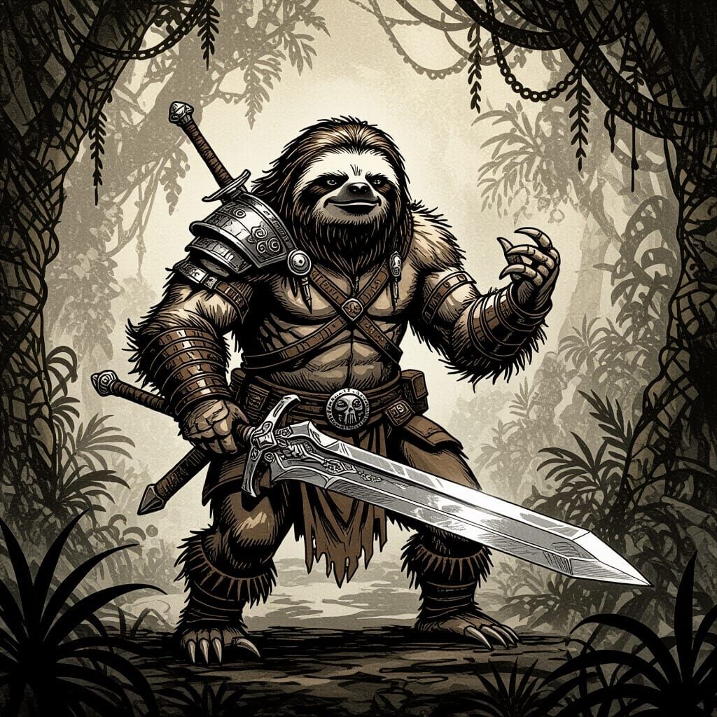 Barbarian Sloth Warrior in Primordial Jungle