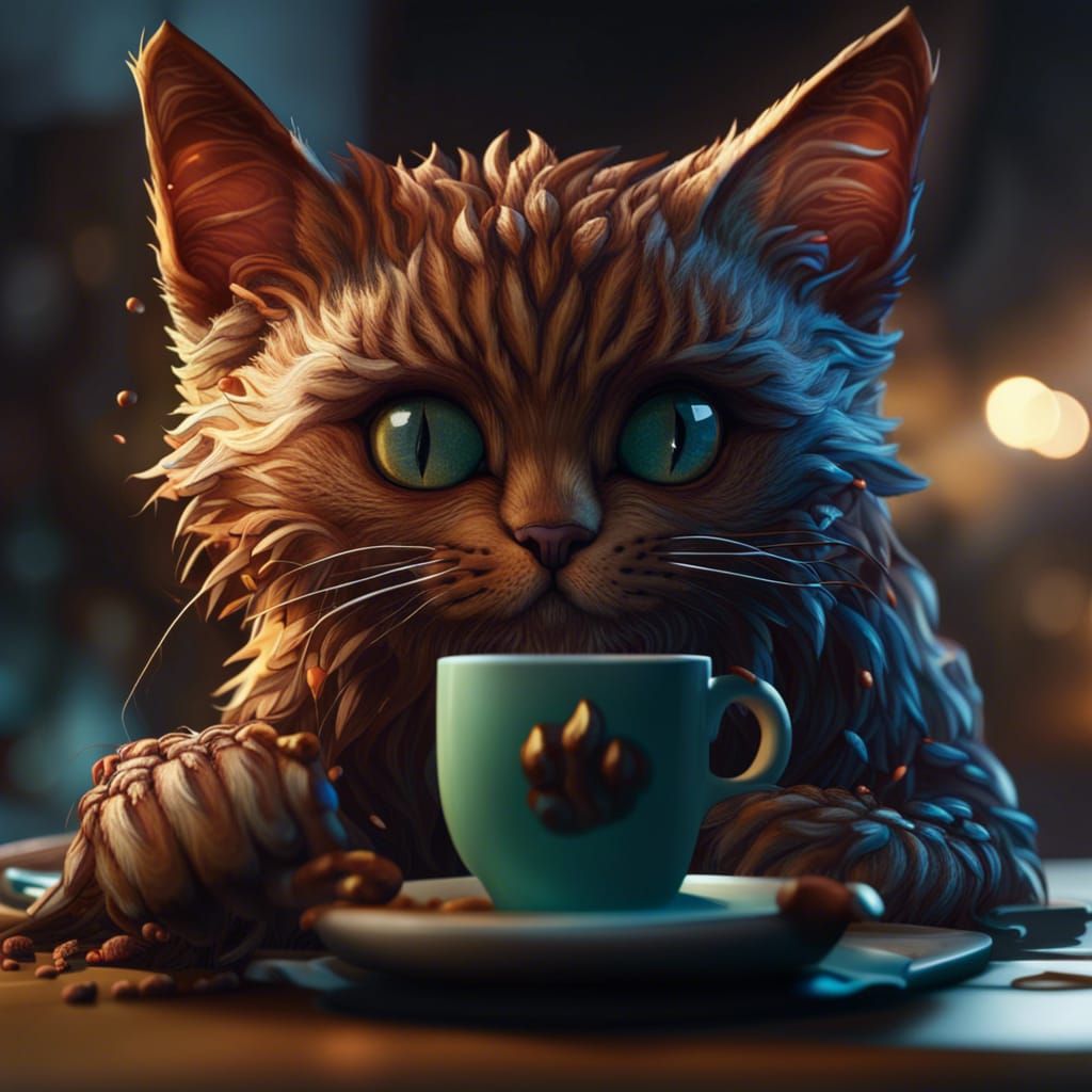 Cute Cat Drinking Coffee in Detailed Matte Painting
