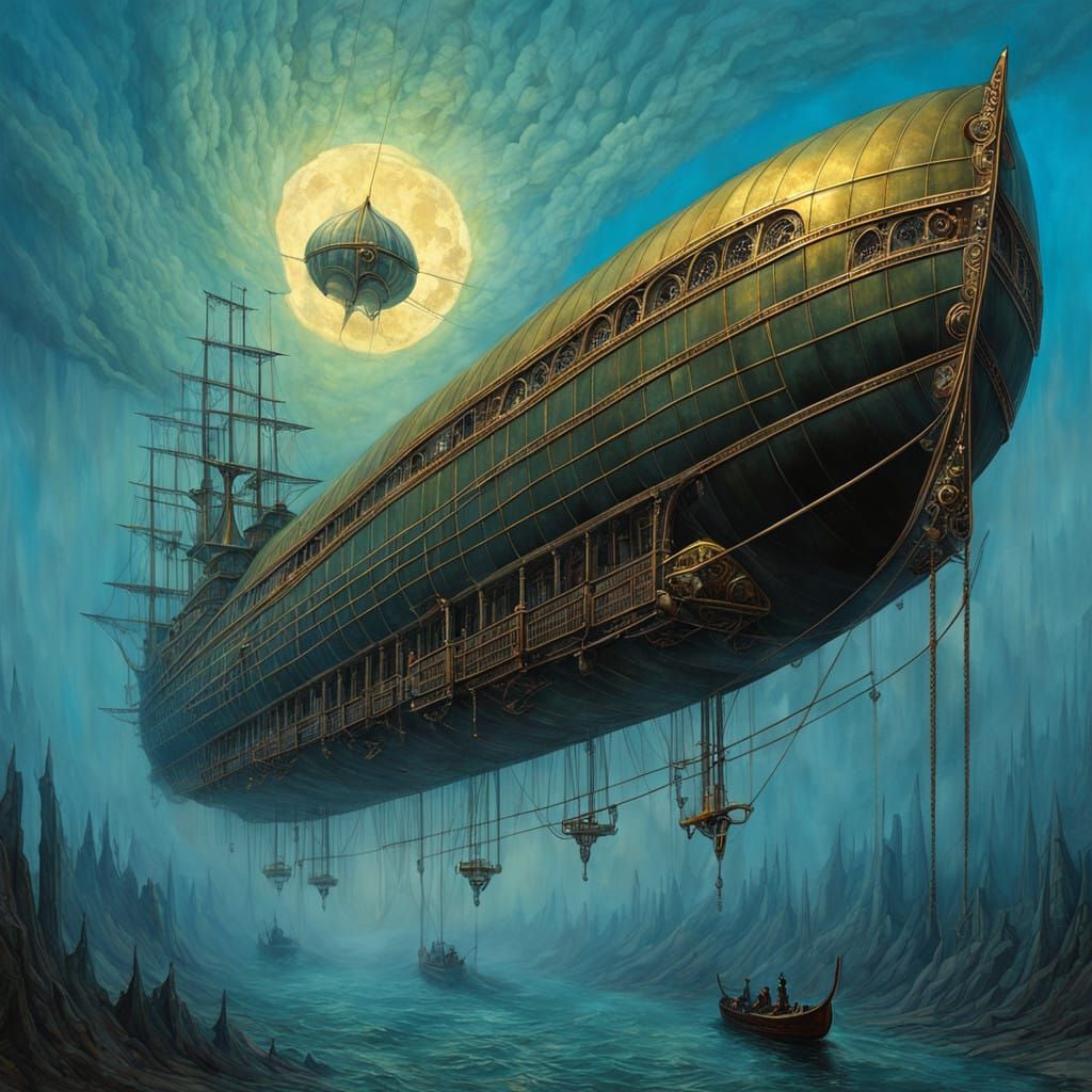 Majestic Aeromachina: Steampunk Flying Airship Soars Through...