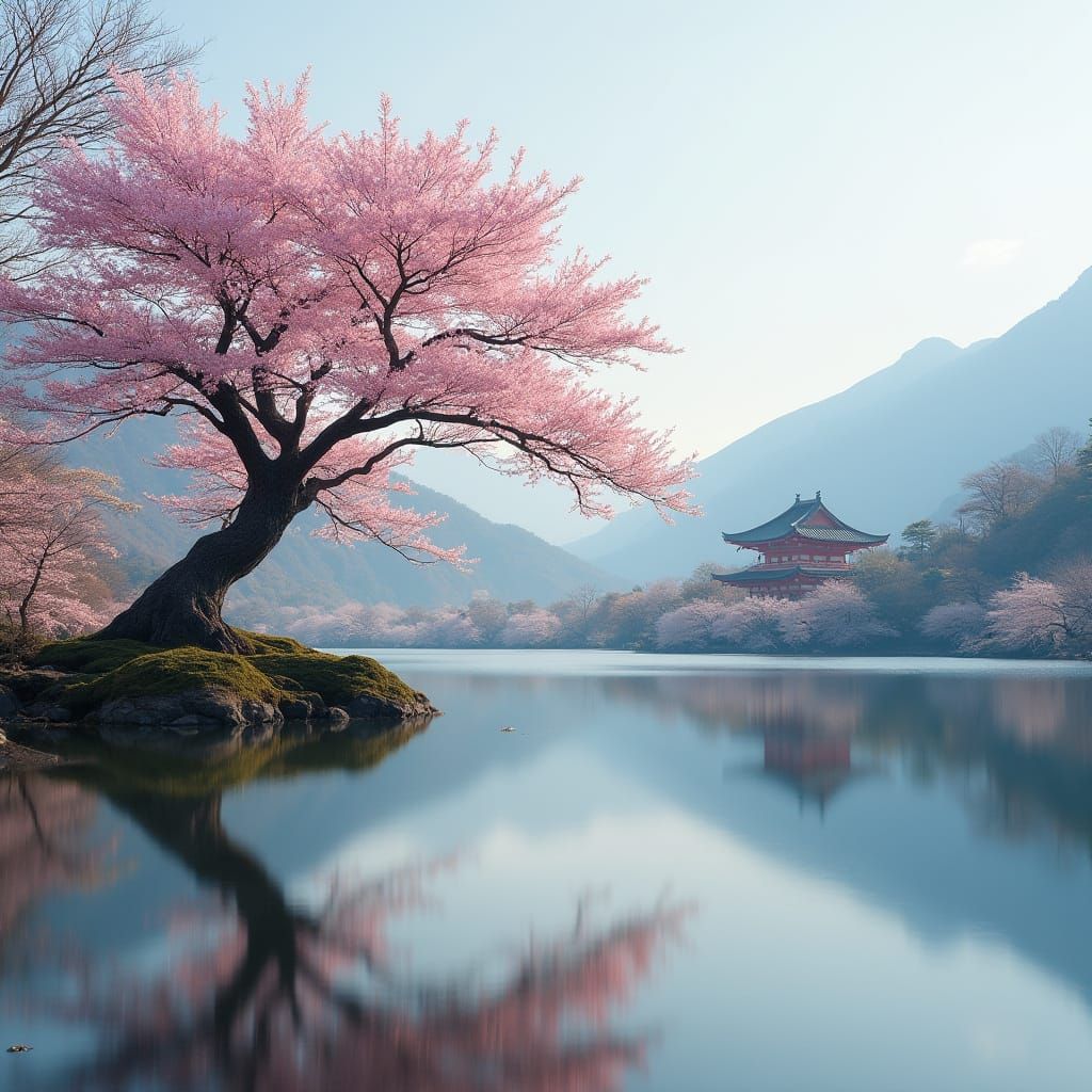 Sakura Tree Blooms in Harmony with Majestic Japanese Landsca...